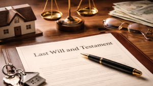 Landscape photo of a Last Will and Testament document on a wooden desk
